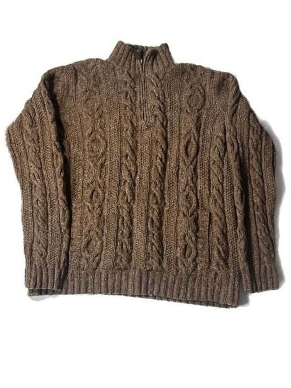 Ralph Lauren Hand Knit Wool Blend Cable Knit  Brown Quarter Zip Sweater Size M